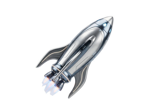 Futuristic silver rocket ship flies upward against a solid white background.