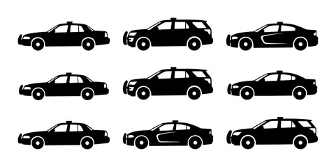 Police Car Icons, Law Enforcement Vehicle Silhouettes, Black and White Patrol Car Vector Set © Anik