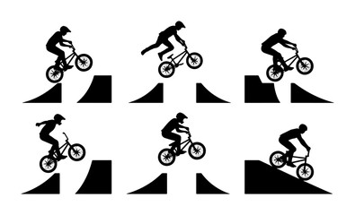 Fototapeta premium BMX Bike Rider Silhouettes, Extreme Sports Action Set, Dynamic Freestyle Jumps Vector