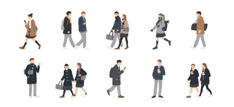 冬服で通学する高校生の男女 人物イラストセット