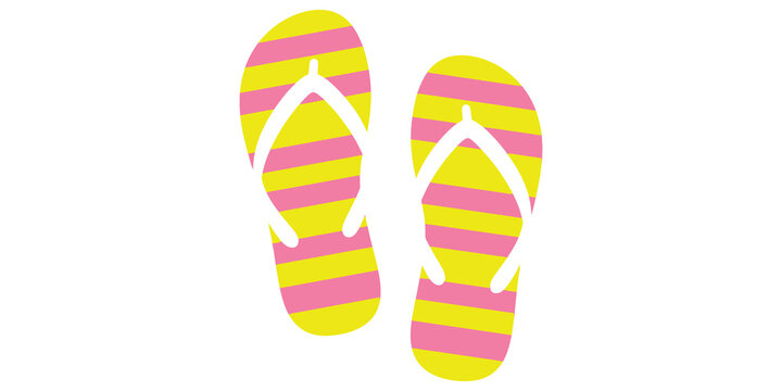 Summer flip flop sandals footwear featuring bright pink yellow striped pattern design isolated against transparent checkered background image.