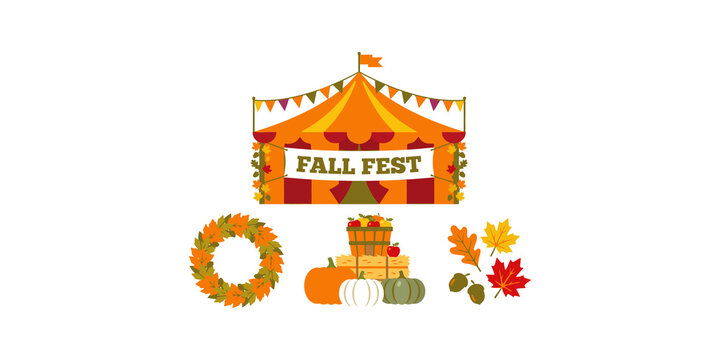 Fall fest festival tent surrounded by seasonal pumpkins apples hay bale wreath and autumn leaves isolated on transparent background image.