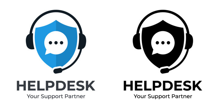 Professional helpdesk logo design featuring a protective shield with a communication bubble and headset for customer support services