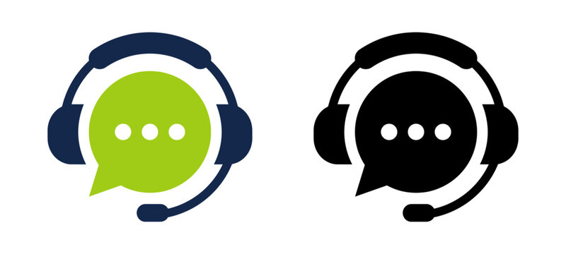 Customer support icons featuring a speech bubble with a headset for communication and help desk service concepts