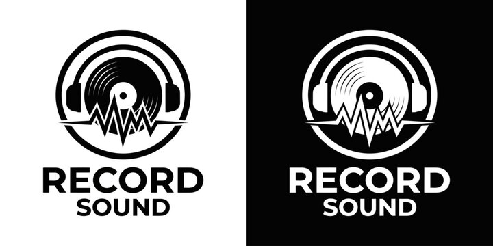 Black and white logo design featuring a vinyl record with headphones and sound wave for music studio branding