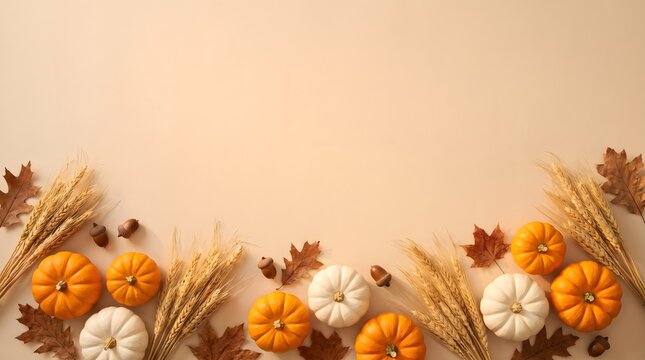 Autumn harvest border with small pumpkins wheat stalks dry leaves on beige background decoration seasonal