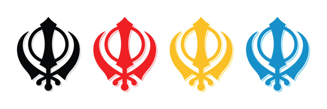 Khanda sign. Sikhism religious symbols. Khanda sign and symbol set made with black, red, yellow and sky blue color on white background. Vector illustration.