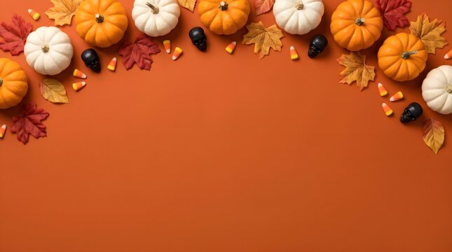 Halloween holiday flat lay border with small pumpkins candy corn autumn leaves on orange background halloween