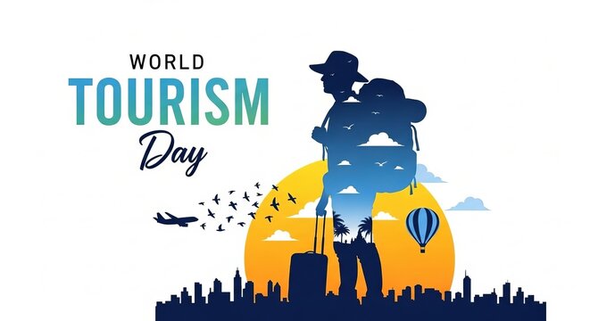 World tourism day banner with traveler silhouette and cityscape vector