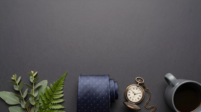 Flat lay of men accessories featuring pocket watch tie and coffee mug on dark background