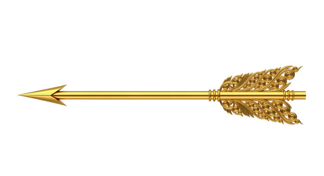 Golden Decorative Arrow with Ornate Feather Design on White Background