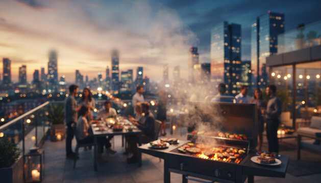 A fully blurred rooftop BBQ dinner overlooking a glowing modern city skyline, featuring soft grill smoke, warm sunset colors, people, outdoor dining, and atmospheric urban bokeh.