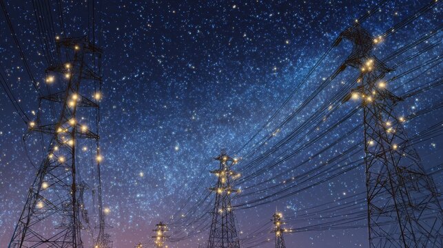 Starry night backdrop with glowing power cables strung between high-voltage electricity towers, futuristic energy concept