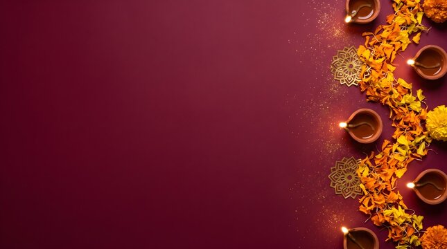 Diwali festival flat lay background with burning oil lamps and marigold flowers marigold festival celebration