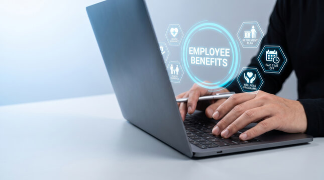 Employee workforce benefits compensation laptop keyboard office technology insurance employee workforce. Corporate human resource hr management. staff support policy, salary reward insurance