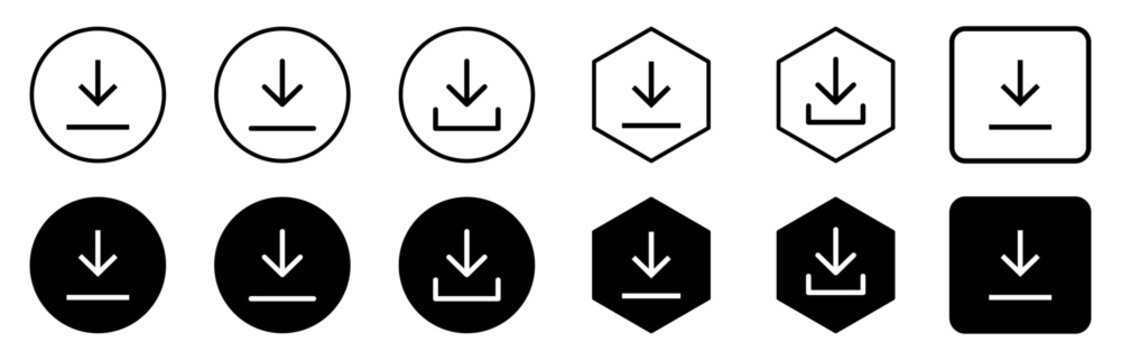 Download icon set featuring file download, save, import, arrow, transfer, and data download symbols for UI, web, mobile apps, and software interfaces.