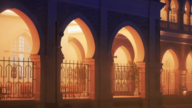 Bangunan Sultan Abdul Samad building facade with horseshoe arches in water mist from River of Life at Night
