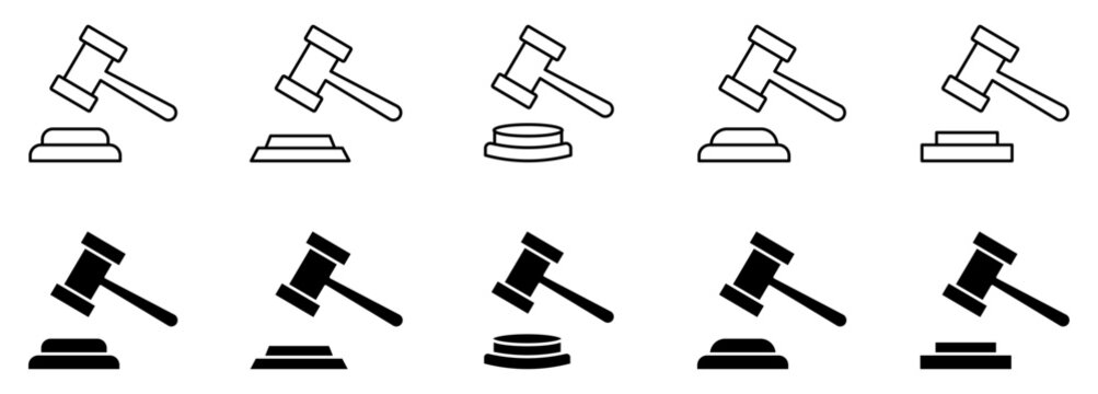 Auction gavel icon set Perfect for law, justice, legal services, courtroom, auction, verdict, court decision, judiciary, governance, UI, mobile apps, and web design.