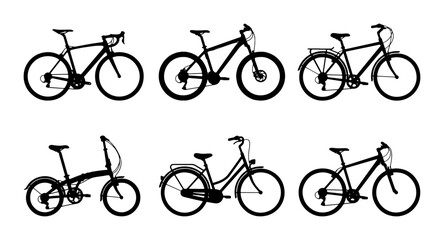 Fototapeta premium Diverse Bicycle Silhouettes Collection: Road, Mountain, Folding, City Bikes