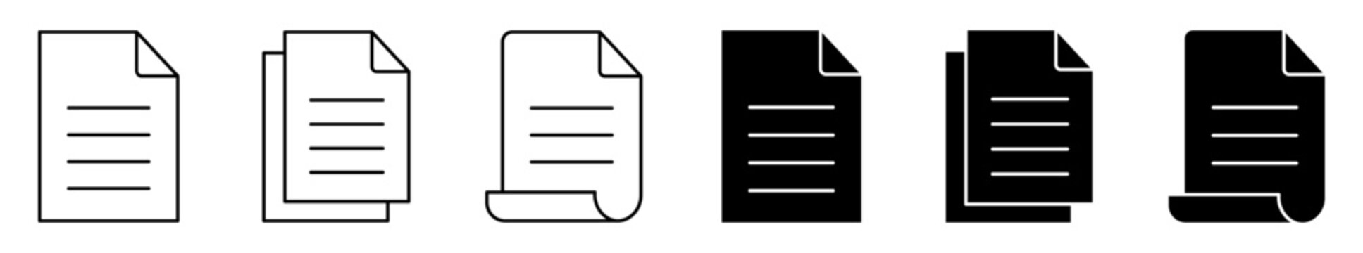 Document icon set for file, paper, copy, scroll, and solid document symbols for office, business, storage, and interface design projects.
