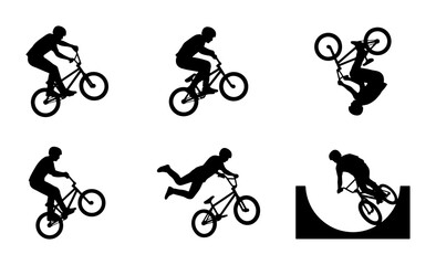Naklejka premium BMX Rider Silhouettes, Extreme Sports Action, Bicycle Freestyle Tricks, Vector Set