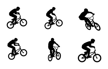 Naklejka premium BMX Rider Silhouettes, Bicycle Action Poses, Extreme Sports Vector Graphics, Dynamic Cycling Movements