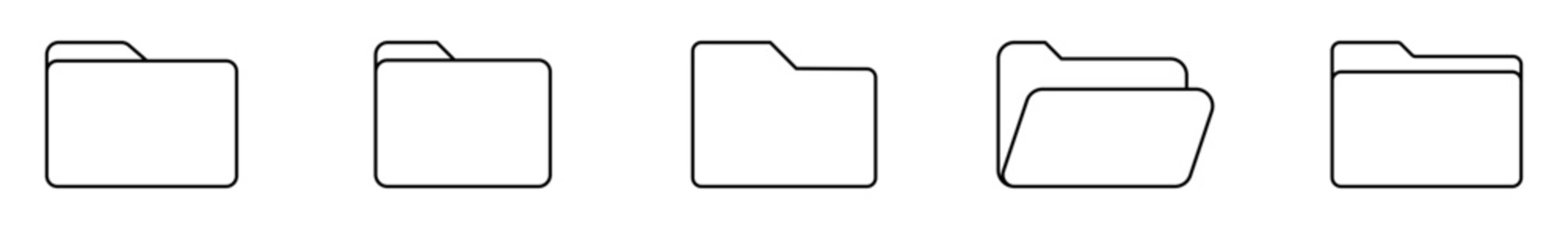 Folder icon set for file management, document organization, storage, archive, and digital workspace interfaces. Outline symbols for folders, files, and data management.