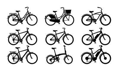 Fototapeta premium Diverse Bicycle Collection, City Commuter, Electric Bike, Folding Bike, Retro Style, Vector Set