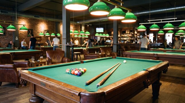 Pool Hall Interior with Billiard Tables and Bar Area.