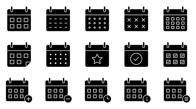 Calendar icon set featuring schedule, appointment, planner, reminder, checklist, event, date, and time management symbols for business, UI, web, mobile apps, and productivity.
