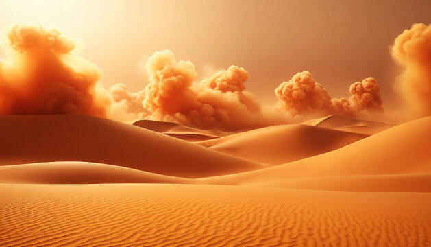 Dust clouds drifting over rolling desert dunes