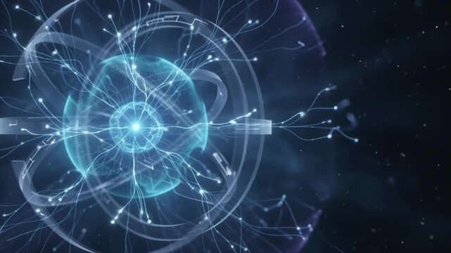 Mesmerizing digital network core radiating energy, depicting advanced technological connections and futuristic data flow in an abstract, glowing sphere