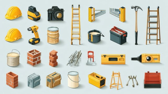 Set of detailed vector icons for house building and repair showing tools, construction helmets, ladders, toolboxes, measuring tape, bricks, nails and paint buckets with clean flat design