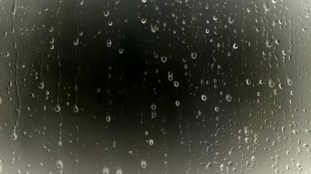 Raindrops sliding down a window pane during a rainy day close up footage