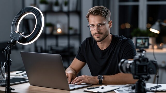A focused male content creator wearing glasses works on a laptop in a modern studio, surrounded by a ring light, DSLR camera, and professional video equipment.