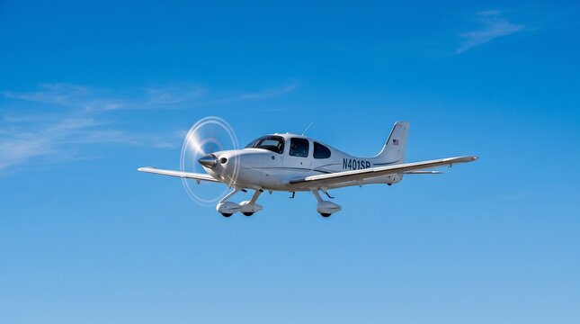 White single engine propeller plane flies against a clear blue sky