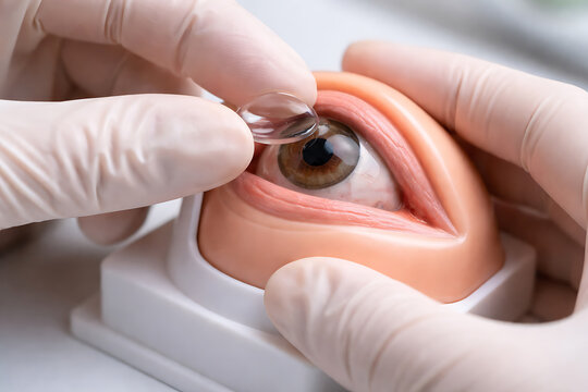 Gloved hands placing contact lens on human eye during clinical eye examination
