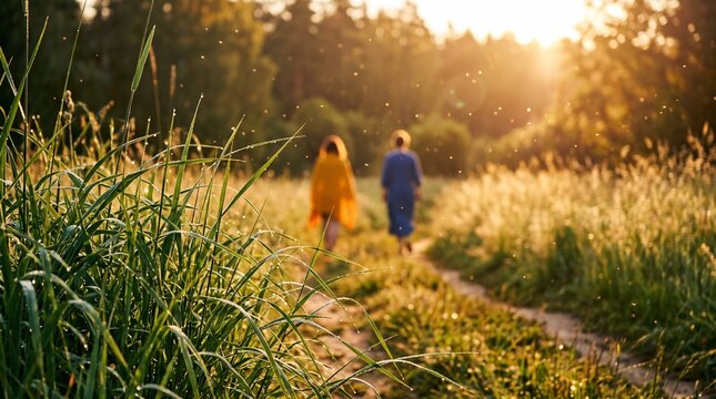 Two figures walk along a path through a field of tall sweetgrass