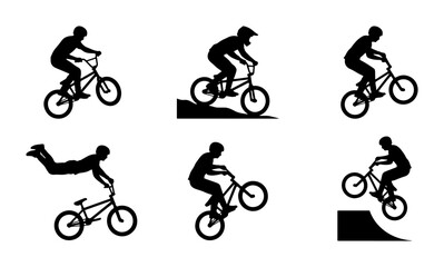 Fototapeta premium BMX Bike Rider Silhouettes, Extreme Sports Action, Bicycle Trick Set, Dynamic Cycling Poses