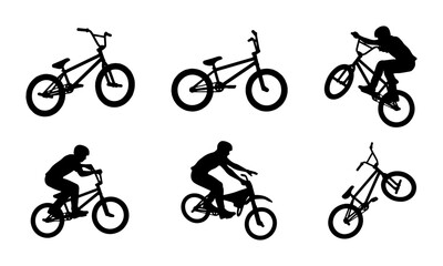 Fototapeta premium BMX Bicycle Silhouettes, Action Sports Rider Poses, Extreme Cycling Vector Set