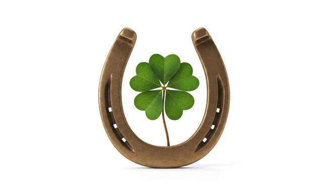 Lucky Four Leaf Clover Inside Horseshoe on White Background for Good Luck and Prosperity