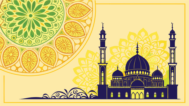 Religious greeting card featuring a detailed mosque silhouette, a large green and yellow mandala, and intricate floral borders on yellow background