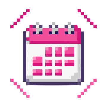 Pixel art pink calendar icon with glowing sparkle effects retro 8bit date schedule organizer UI graphic asset design