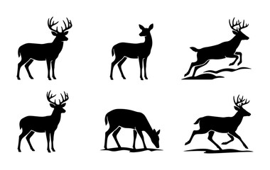 Fototapeta premium Deer Silhouettes Set: Majestic Wildlife Vector Icons, Forest Animals, Hunting Graphics