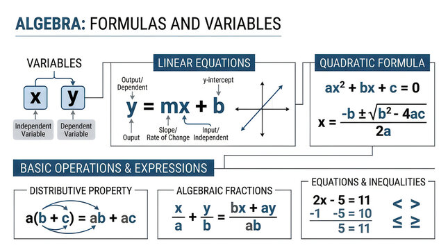 Educational math infographic showing linear equations and formulas