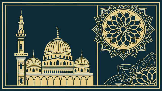 Greeting card featuring a gold mosque silhouette on a dark blue background, with large gold, mandala patterns and, frame borders