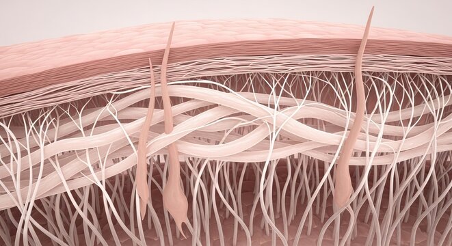 Cross section anatomy of human skin layers showing collagen fibers and tissue