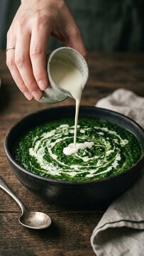 Person pouring fresh cream into green vegetable soup bowl on rustic wooden kitchen table