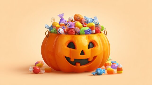 Cute orange pumpkin candy holder with spooky carved expression, filled with bright sweets and chocolates, Halloween cartoon vector illustration