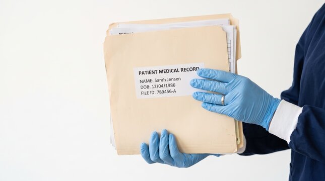Medical professional hands wearing blue latex gloves holding beige patient medical record folder with identification label, confidential healthcare documentation